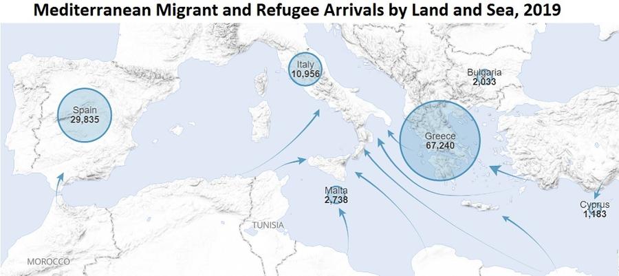 UNHCR map listing arrivals of refugees and migrants in Spain, Malta, Cyprus, Greece, Italy and Bulgaria 