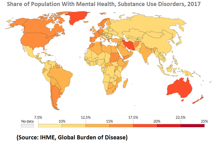 Map showing share of population worldwid with mental health and substance use disorders 