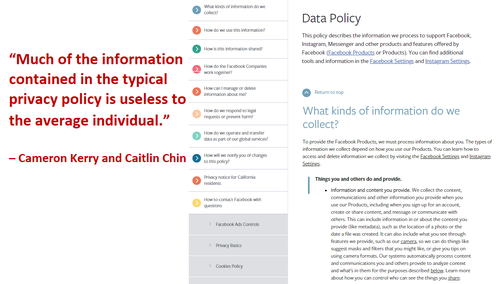 “Much of the information contained in the typical privacy policy is useless to the average individual.”                                   – Cameron Kerry and Caitlin Chin   Overlaid on Facebook privacy notice