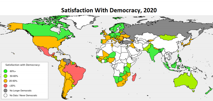 map showing a range of satisfaction levels with democracy around world 