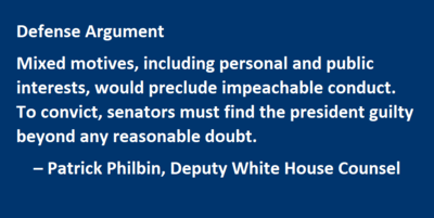 Defense Argument Mixed motives, including personal and public interests, would preclude impeachable conduct. To convict, senators must find the president guilty beyond any reasonable doubt. – Patrick Philbin, deputy White 