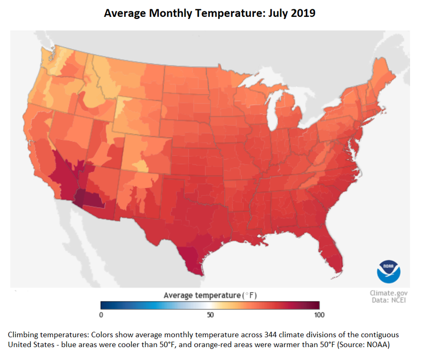 average July 2019 temperature for the US