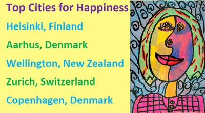   Top Cities for Happiness Helsinki, Finland Aarhus, Denmark Wellington, New Zealand Zurich, Switzerland Copenhagen, Denmark  and image of Picasso smiling woman