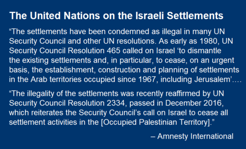 The United Nations on the Israeli Settlements  “The settlements have been condemned as illegal in many UN Security Council and other UN resolutions. As early as 1980, UN Security Council Resolution 465 called on Israel ‘to dismantle the existing settlements and, in particular, to cease, on an urgent basis, the establishment, construction and planning of settlements in the Arab territories occupied since 1967, including Jerusalem.’…  “The illegality of the settlements was recently reaffirmed by UN Security Council Resolution 2334, passed in December 2016, which reiterates the Security Council’s call on Israel to cease all settlement activities in the [Occupied Palestinian Territory].”           – Amnesty International 
