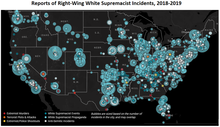 Anti-Defamation League map shows location of more than 3600 incidents of white supremacy in US 2018-2019