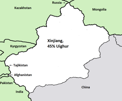 map of Xinjiang and borders with Xinjiang (45% Uighur) Russia Mongolia Kazakhstan Tajikistan Kyrgyzstan Afghanistan 