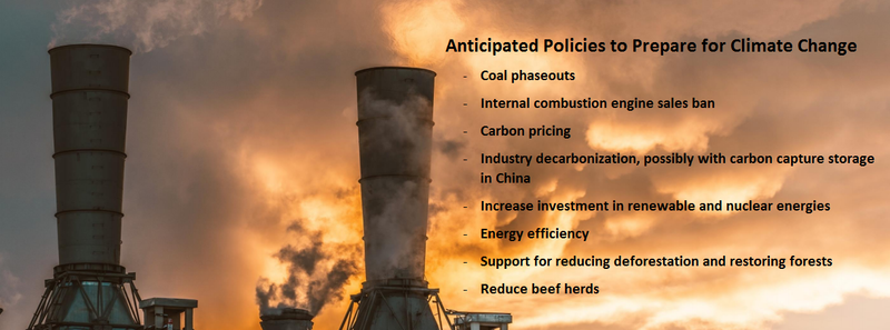  	Coal phaseouts -	Internal combustion engine sales ban -	Carbon pricing -	Industry decarbonization and with possibly carbon capture storage in China -	Increase investment in renewable and nuclear energies -	Energy efficiency -	Support for reducing deforestation and restoring forests -	Reduce beef herds 