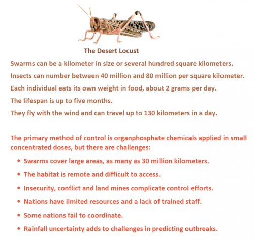   -	Swarms cover large areas, as many as 30 million kilometers. -	Their habitat is remote and difficult to access with lack of infrastructure.  -	Insecurity, conflict and land mines complicate control efforts.  -	Limited resources for monitoring and control. -	Lack of trained staff. -	Lack of coordination among countries.  -	Uncertainty of rainfall and difficulty in predicting outbreaks.