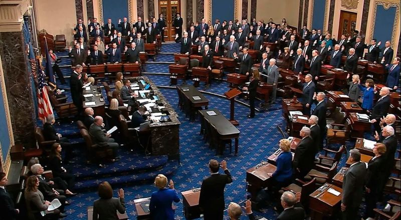 photo of senators taking an oath on first day of impeachment proceedings