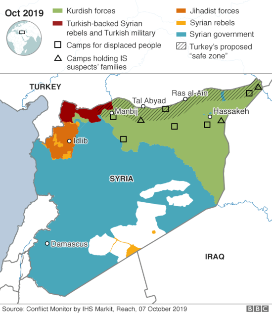 Map of location of Kurdish, Syrian forces; camps for displaced