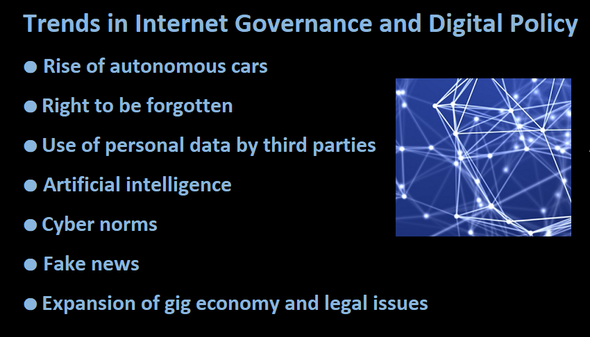 Trends in Internet Governance and Digital Policy ● Rise of autonomous cars  ● Right to be forgotten  ● Use of personal data by third parties  ● Artificial intelligence ● Cyber norms  ● Fake news  ● Expansion of gig economy and legal issues 